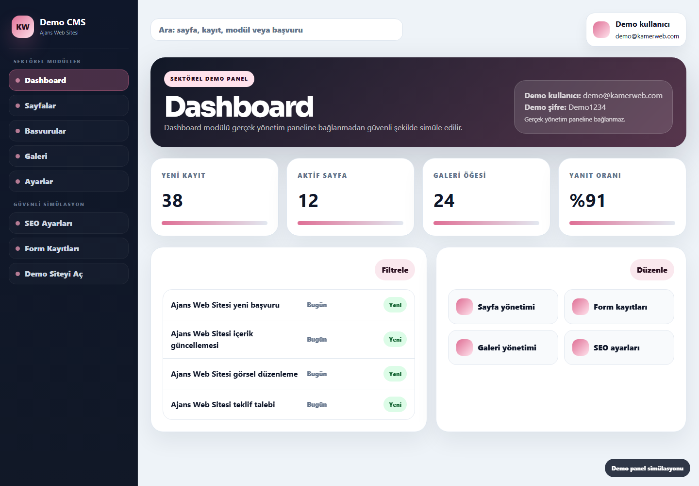 Ajans Web Sitesi demo panel screenshot