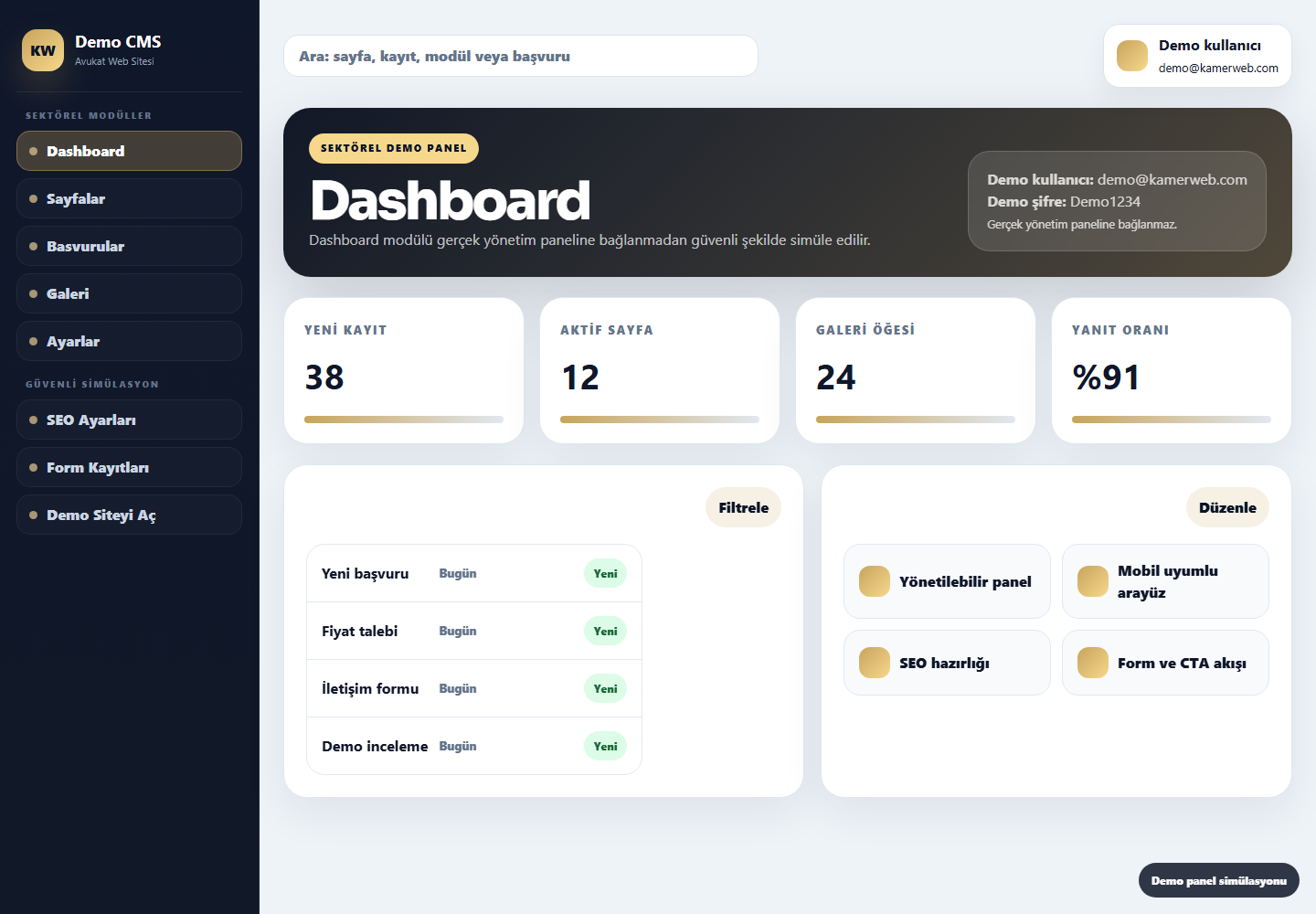 Avukat Web Sitesi demo panel screenshot