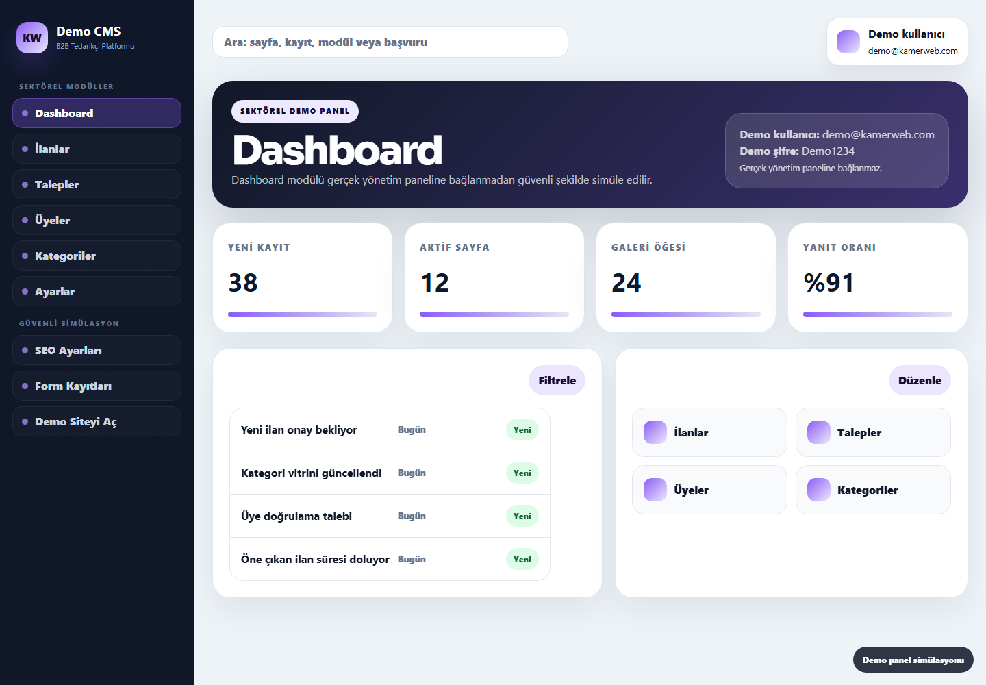 B2B Tedarikçi Platformu demo panel screenshot