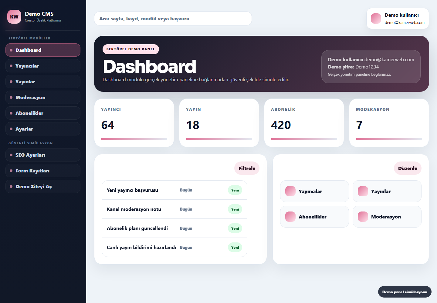 Creator Üyelik Platformu demo panel screenshot