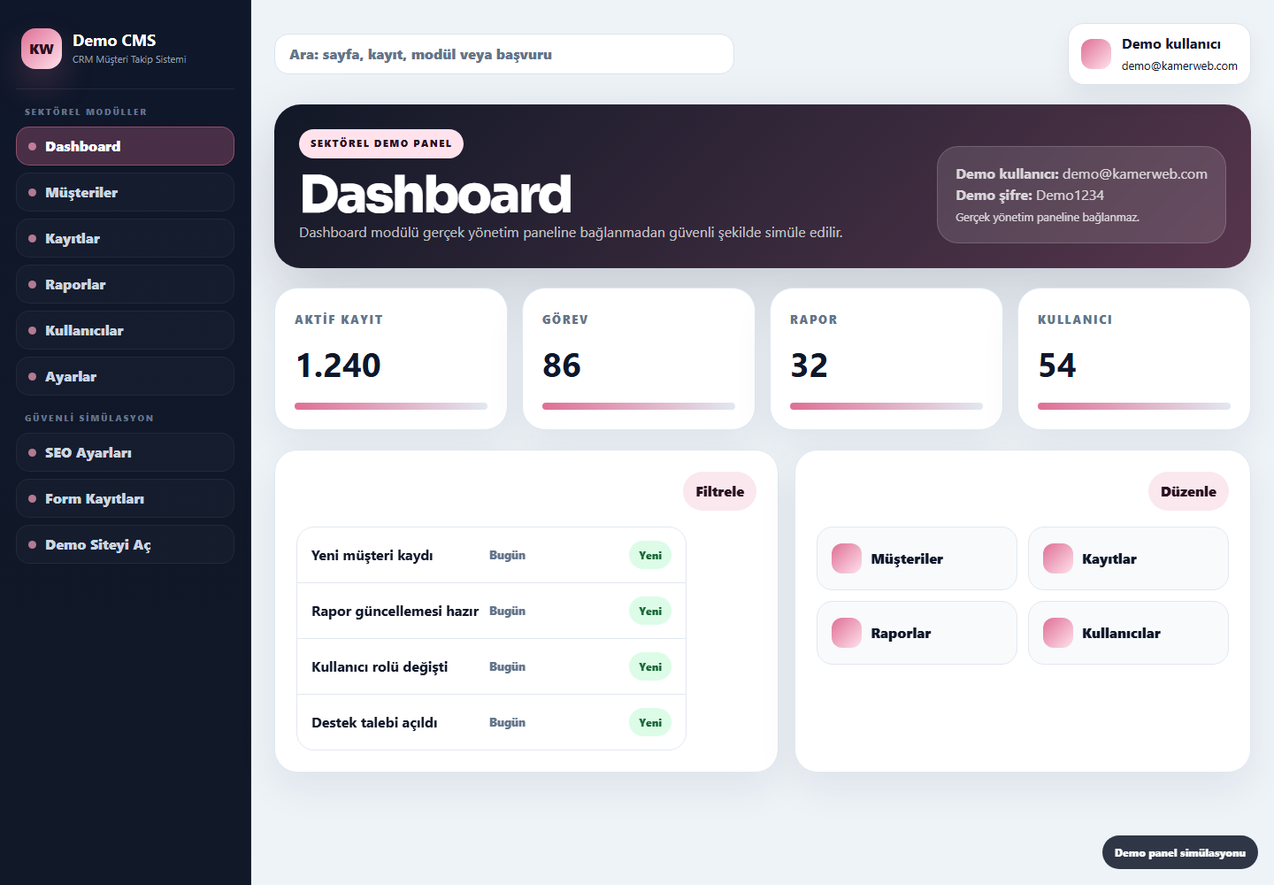 CRM Müşteri Takip Sistemi demo panel screenshot