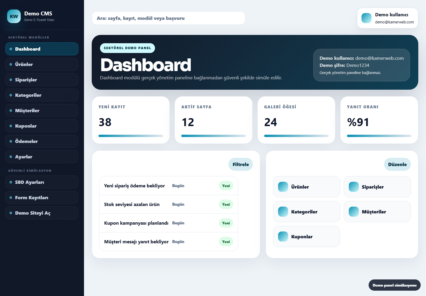 Genel E-Ticaret Sitesi demo panel screenshot