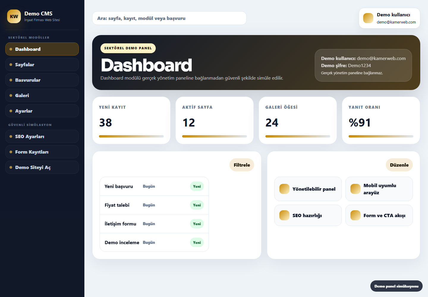 İnşaat Firması Web Sitesi demo panel screenshot