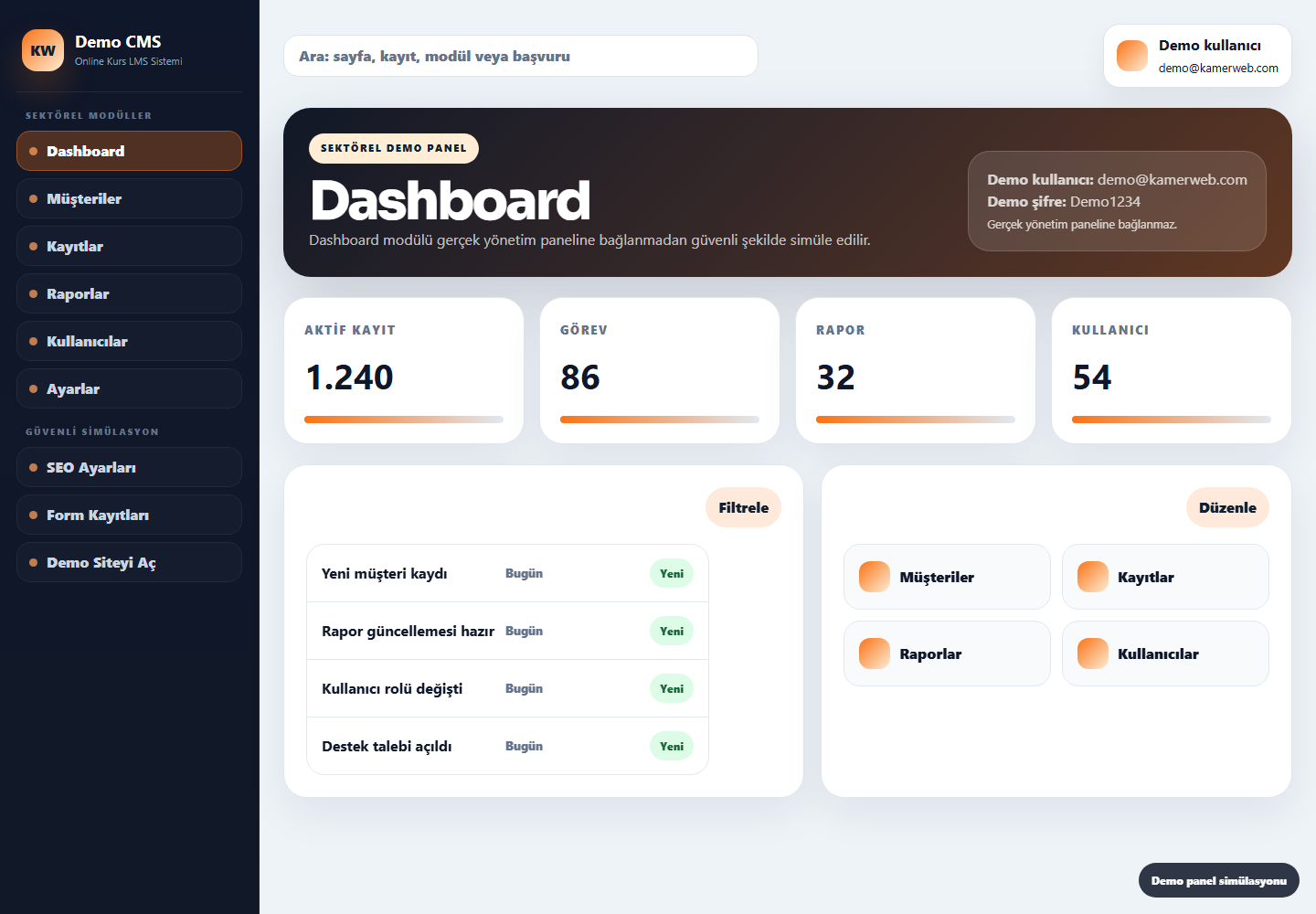 Online Kurs LMS Sistemi demo panel screenshot