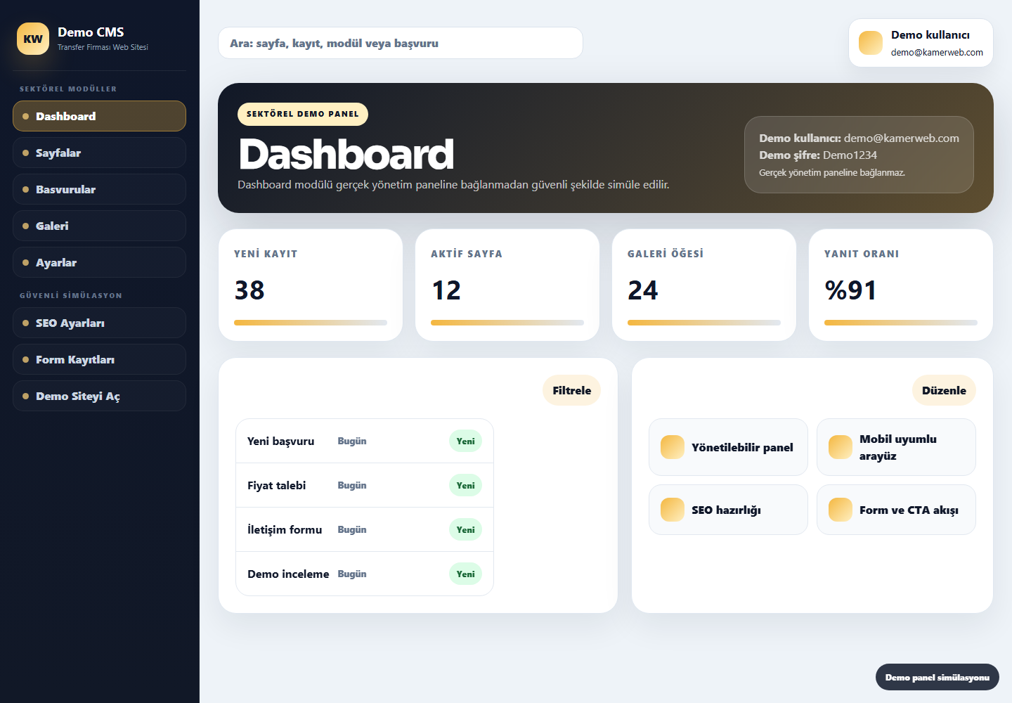 Transfer Firması Web Sitesi demo panel screenshot