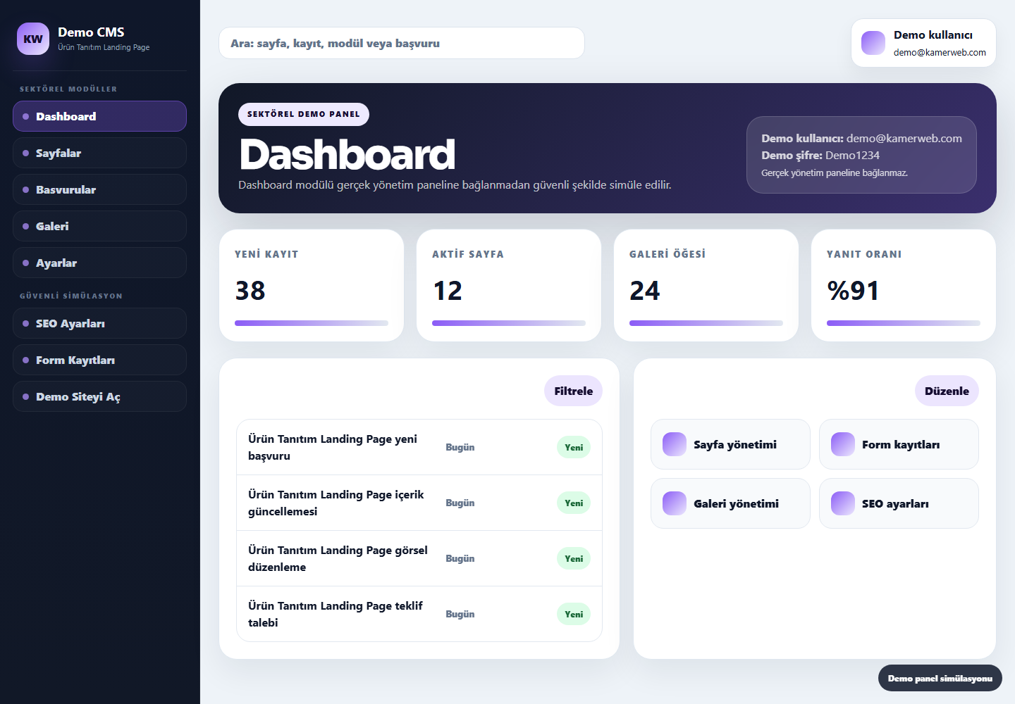 Ürün Tanıtım Landing Page demo panel screenshot