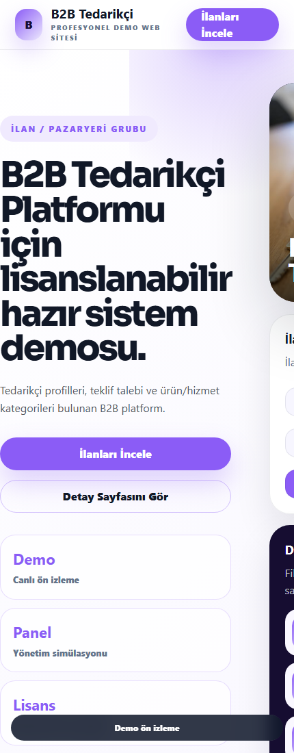 B2B Tedarikçi Platformu mobil demo screenshot