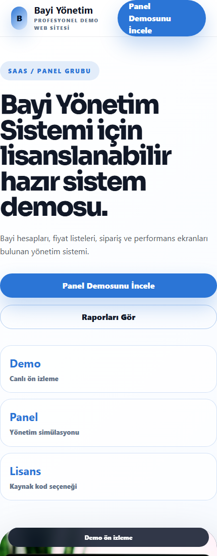 Bayi Yönetim Sistemi mobil demo screenshot