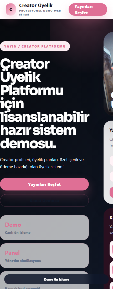 Creator Üyelik Platformu mobil demo screenshot