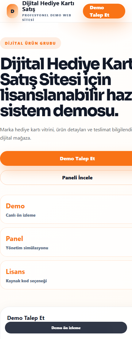 Dijital Hediye Kartı Satış Sitesi mobil demo screenshot