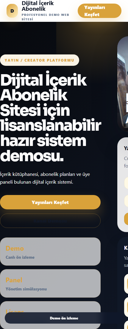 Dijital İçerik Abonelik Sitesi mobil demo screenshot
