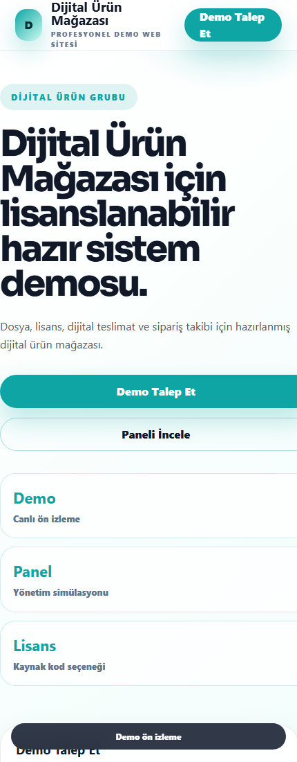 Dijital Ürün Mağazası mobil demo screenshot