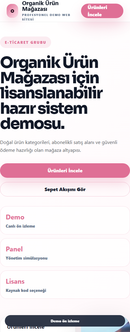Organik Ürün Mağazası mobil demo screenshot