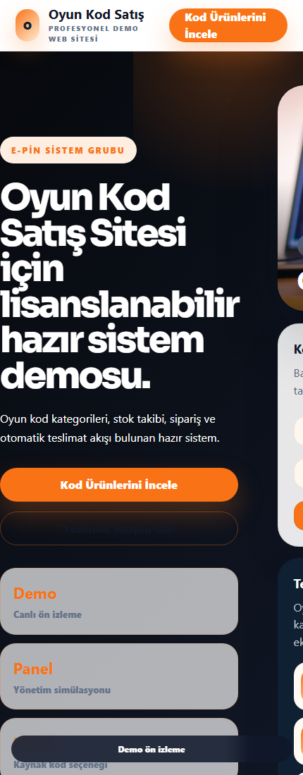 Oyun Kod Satış Sitesi mobil demo screenshot