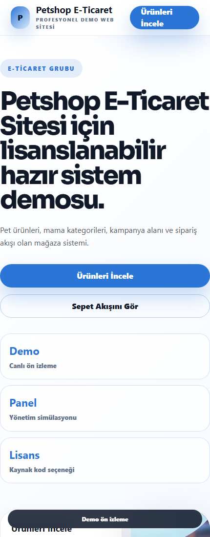Petshop E-Ticaret Sitesi mobil demo screenshot