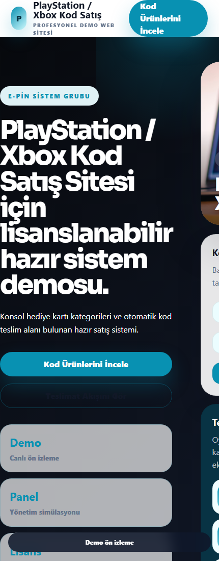 PlayStation / Xbox Kod Satış Sitesi mobil demo screenshot
