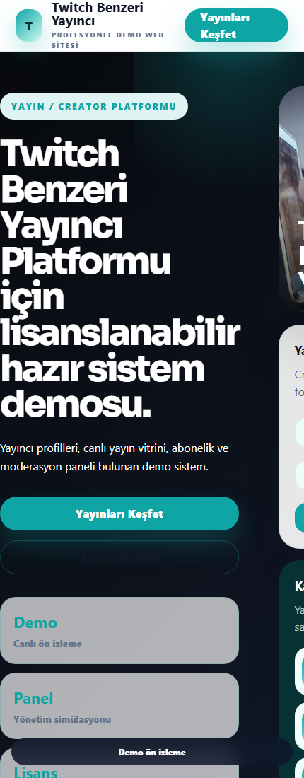 Twitch Benzeri Yayıncı Platformu mobil demo screenshot