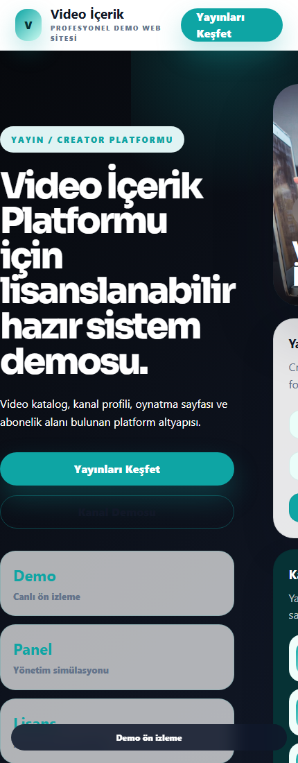 Video İçerik Platformu mobil demo screenshot