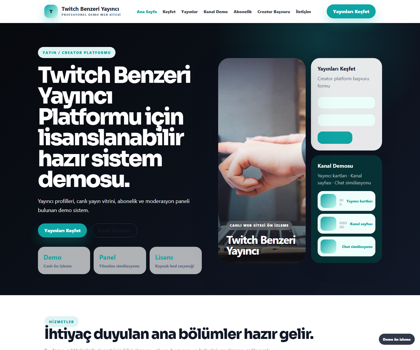 Twitch Benzeri Yayıncı Platformu büyük web sitesi ön izleme görseli