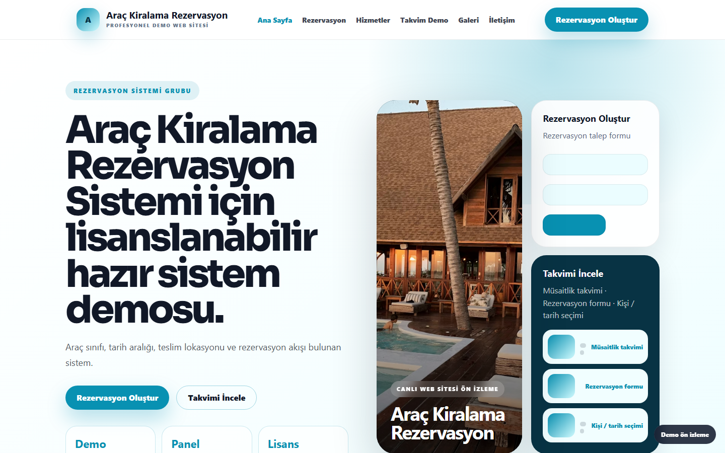 Araç Kiralama Rezervasyon Sistemi demo site ekran görüntüsü