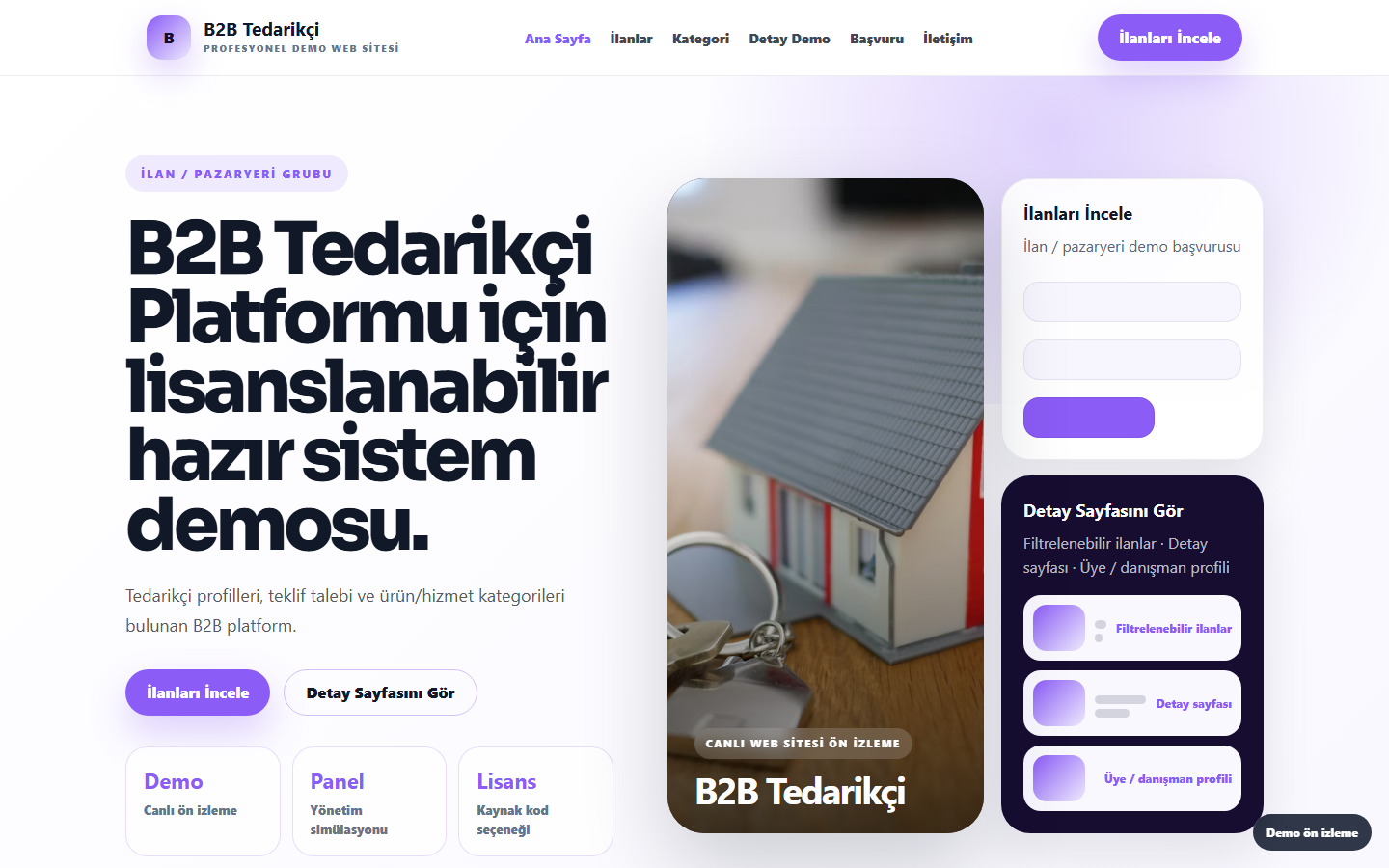 B2B Tedarikçi Platformu demo site ekran görüntüsü
