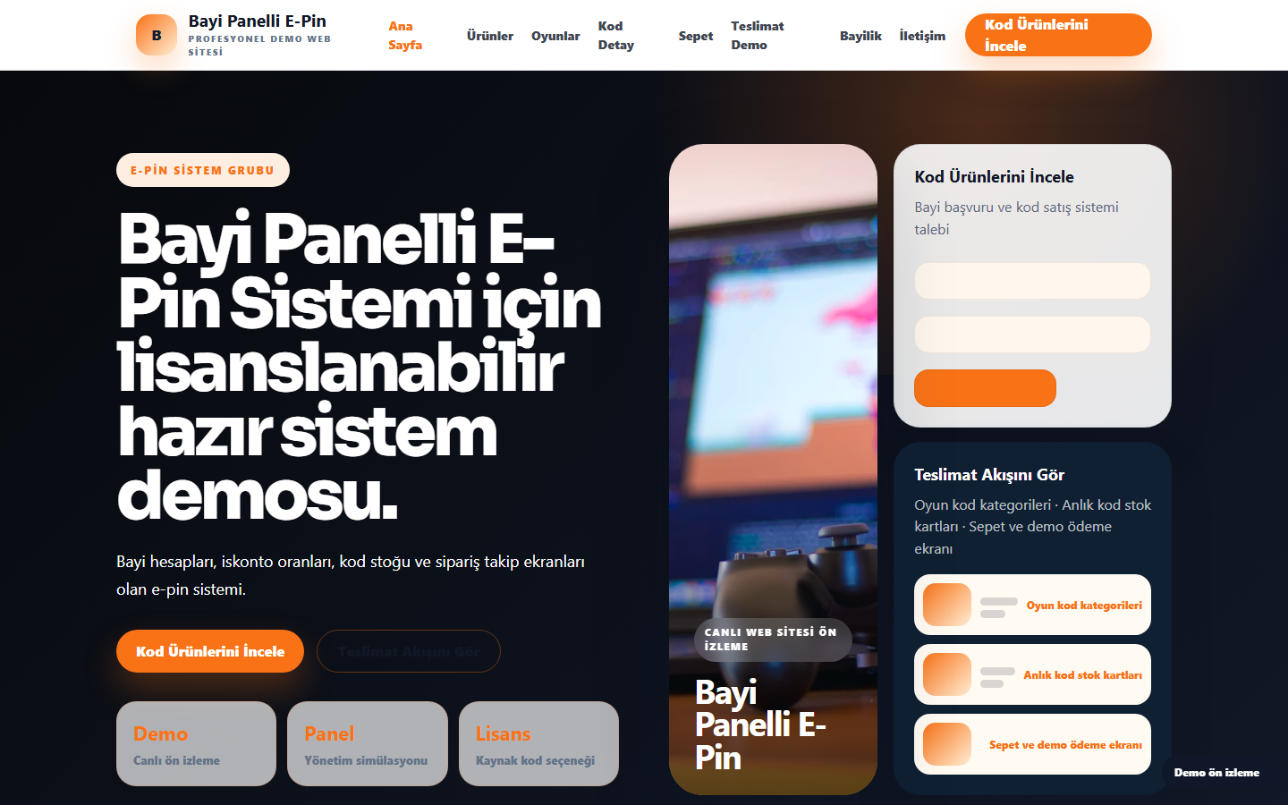 Bayi Panelli E-Pin Sistemi demo site ekran görüntüsü