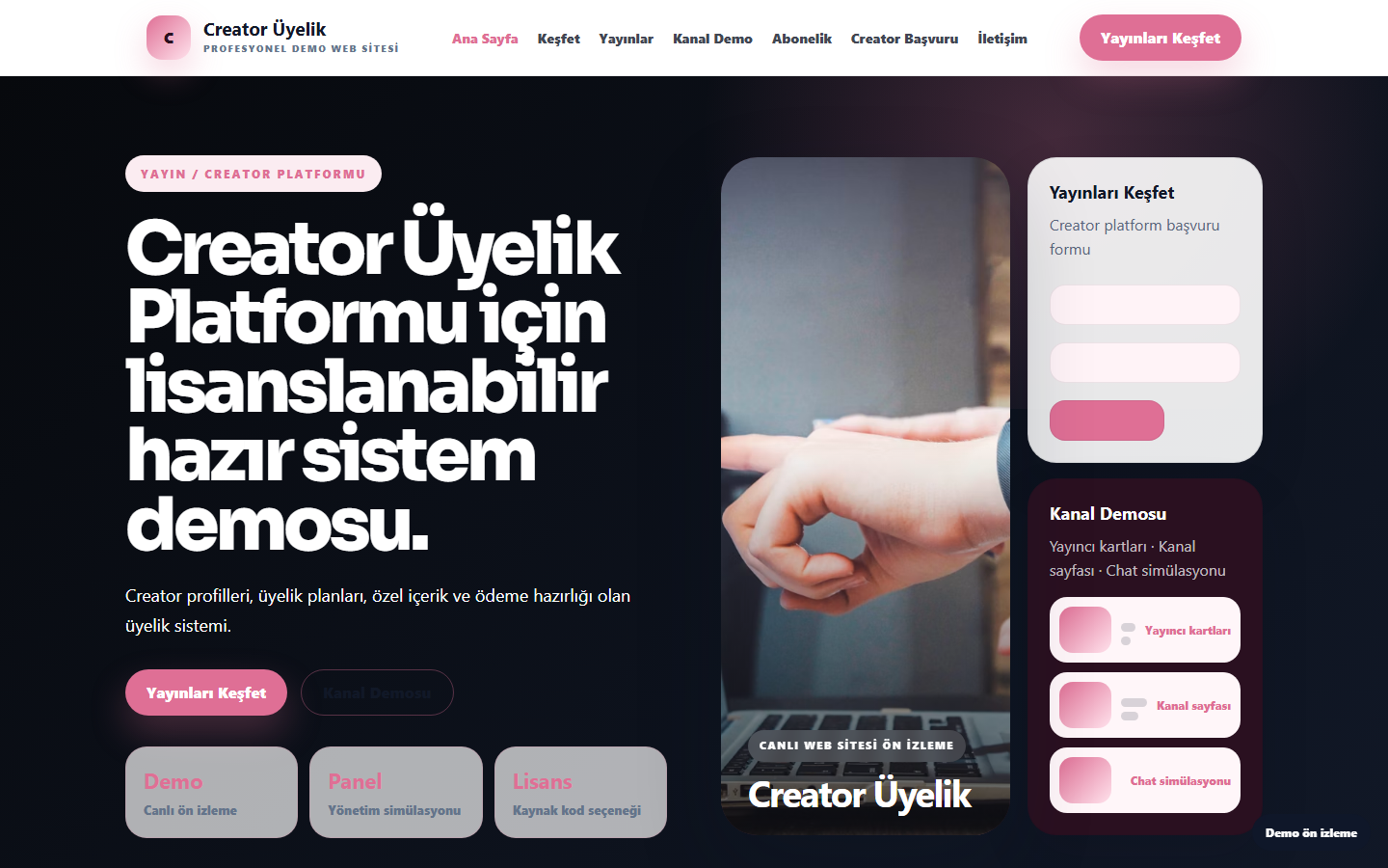 Creator Üyelik Platformu demo site ekran görüntüsü