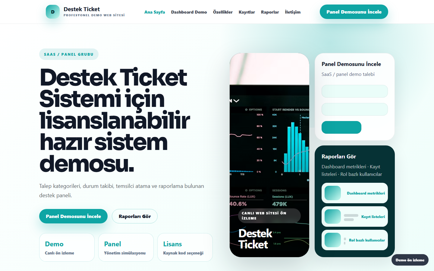 Destek Ticket Sistemi demo site ekran görüntüsü