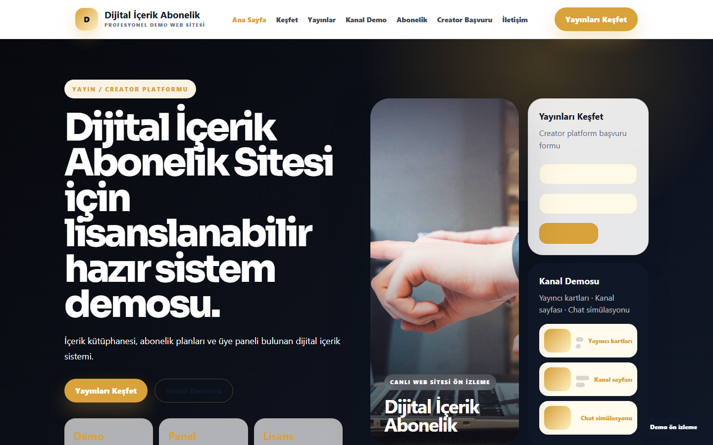 Dijital İçerik Abonelik Sitesi demo site ekran görüntüsü