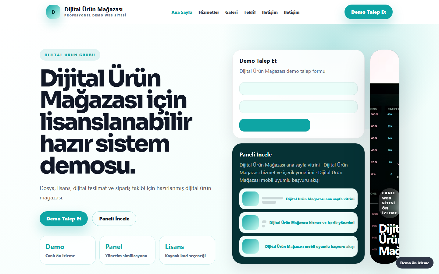 Dijital Ürün Mağazası demo site ekran görüntüsü