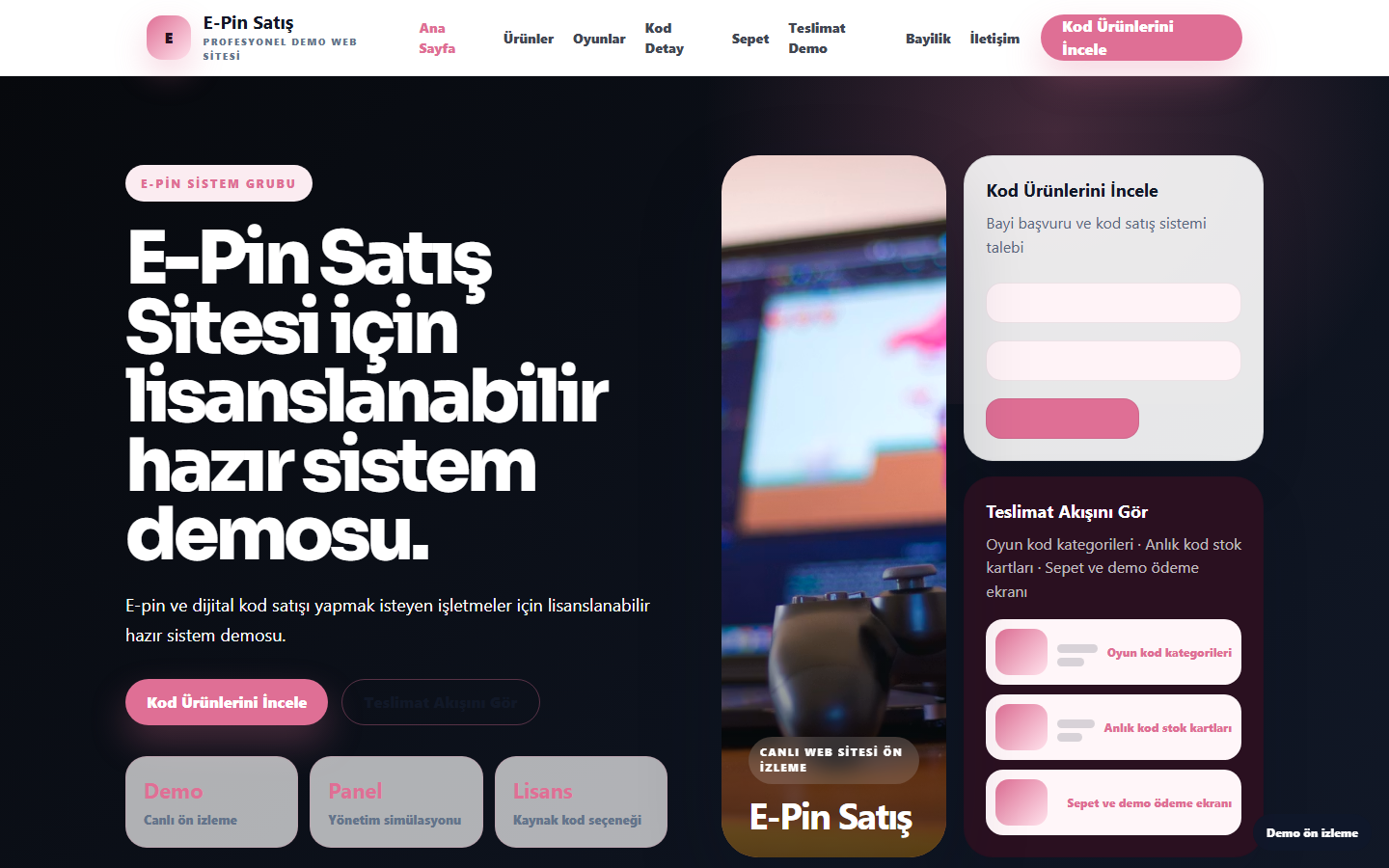 E-Pin Satış Sitesi demo site ekran görüntüsü