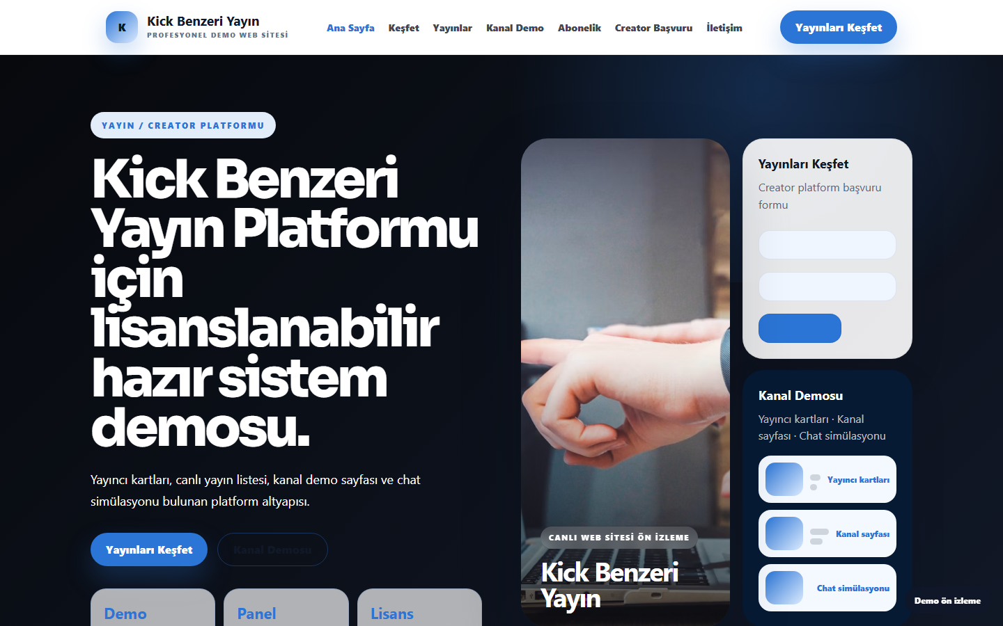 Kick Benzeri Yayın Platformu demo site ekran görüntüsü