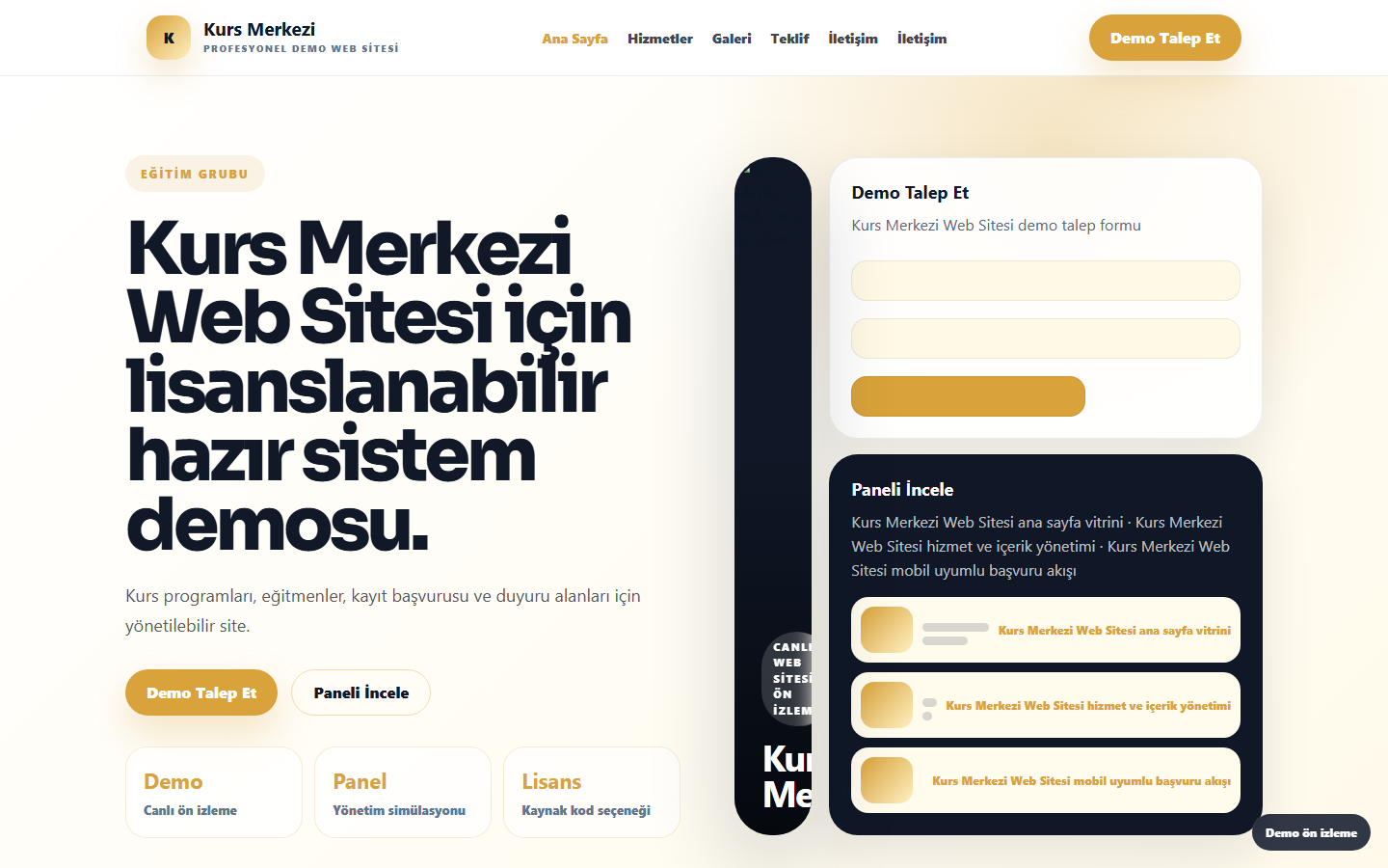 Kurs Merkezi Web Sitesi demo site ekran görüntüsü