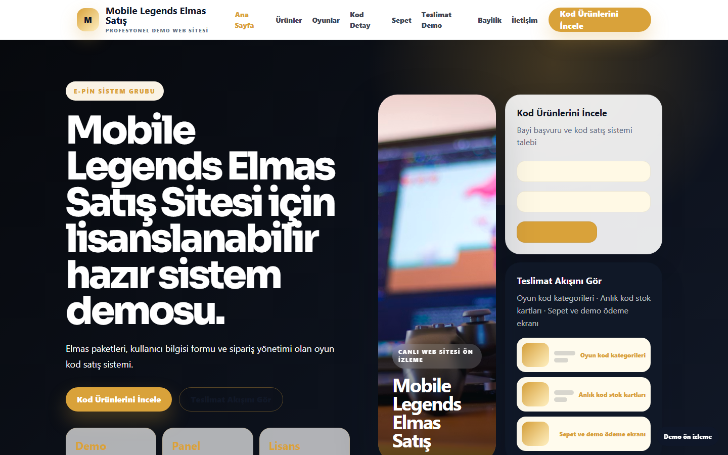 Mobile Legends Elmas Satış Sitesi demo site ekran görüntüsü