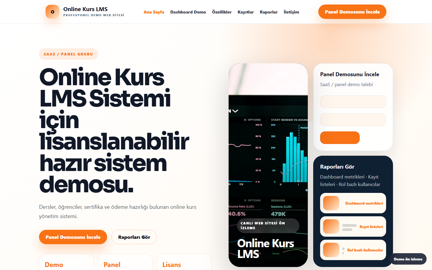 Online Kurs LMS Sistemi demo site ekran görüntüsü