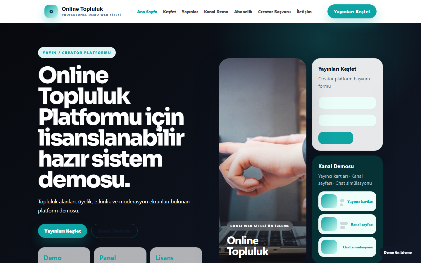 Online Topluluk Platformu demo site ekran görüntüsü