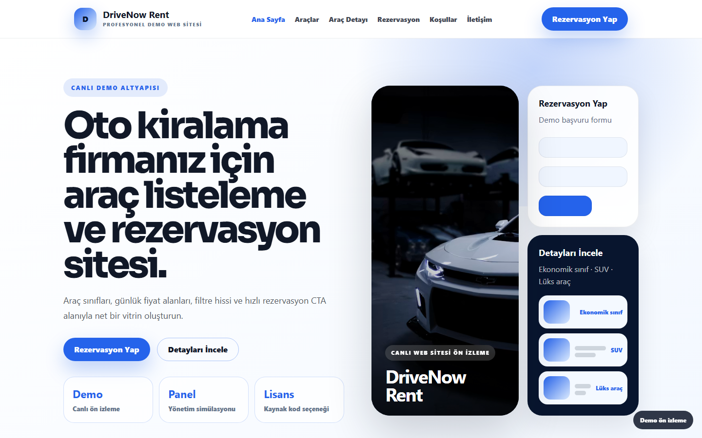 Oto Kiralama Web Sitesi demo site ekran görüntüsü