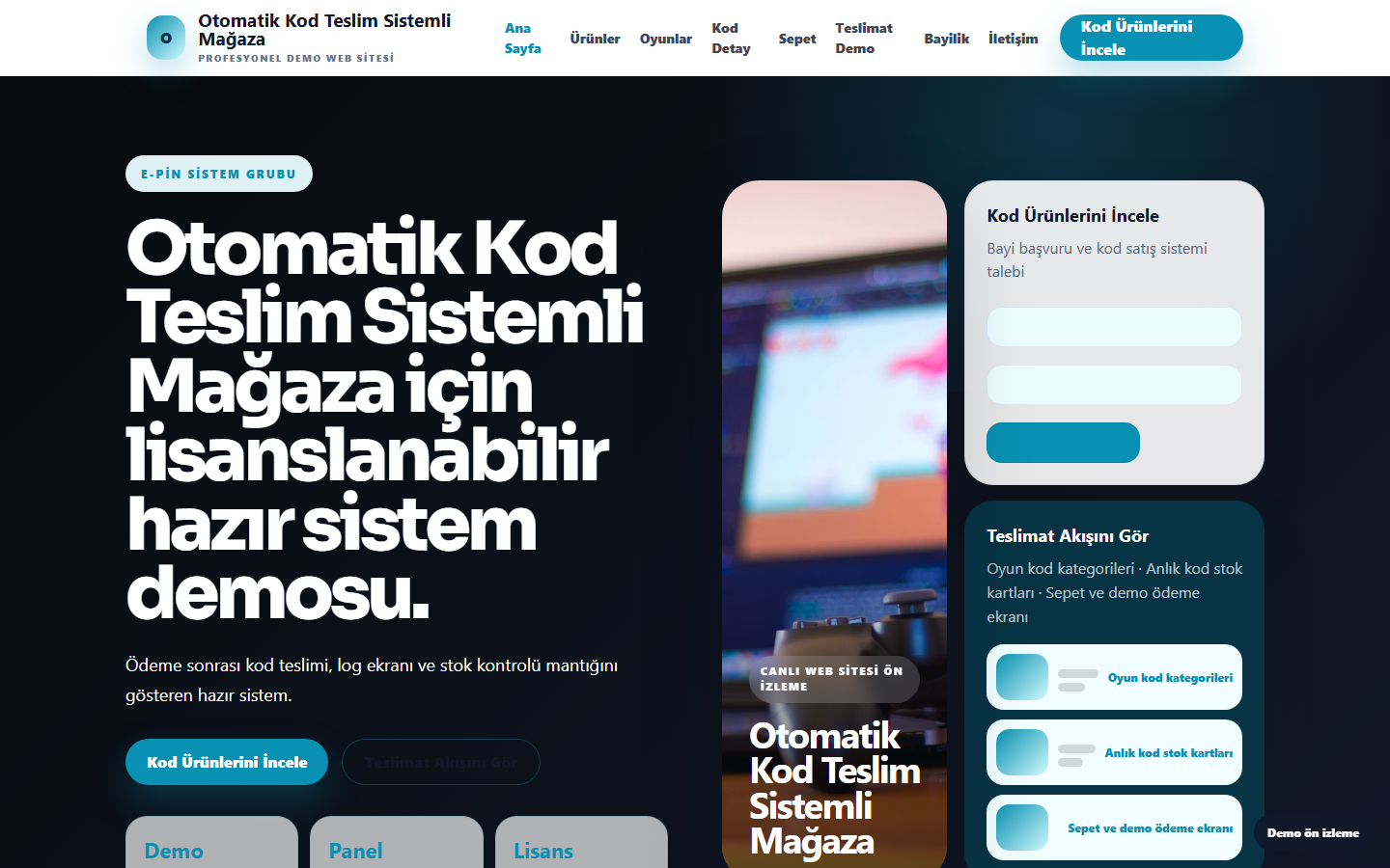 Otomatik Kod Teslim Sistemli Mağaza demo site ekran görüntüsü