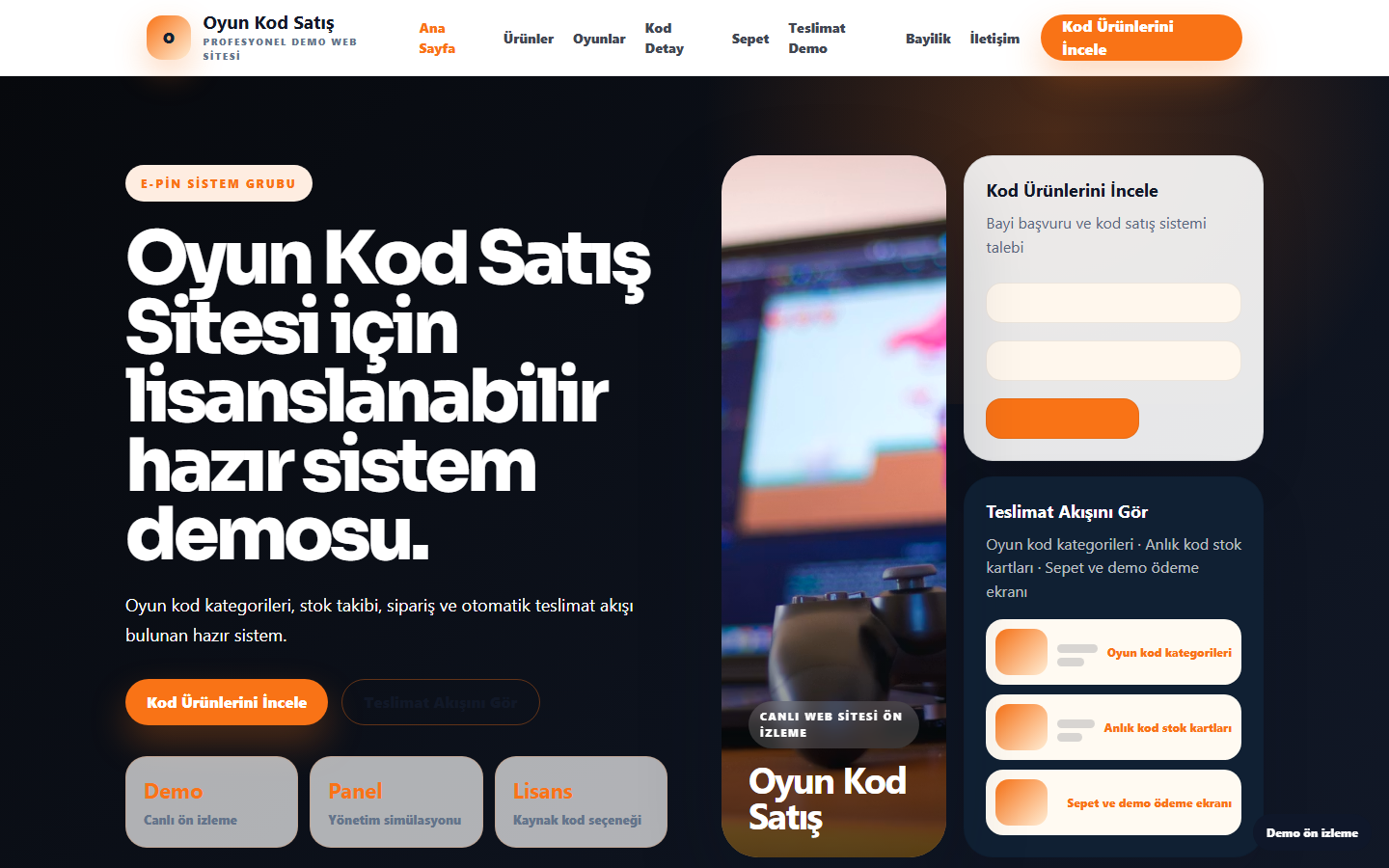 Oyun Kod Satış Sitesi demo site ekran görüntüsü