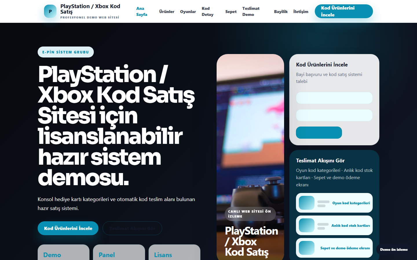 PlayStation / Xbox Kod Satış Sitesi demo site ekran görüntüsü