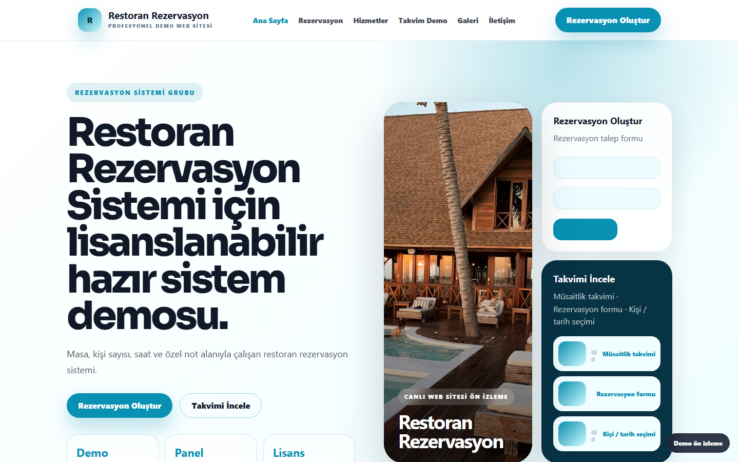 Restoran Rezervasyon Sistemi demo site ekran görüntüsü