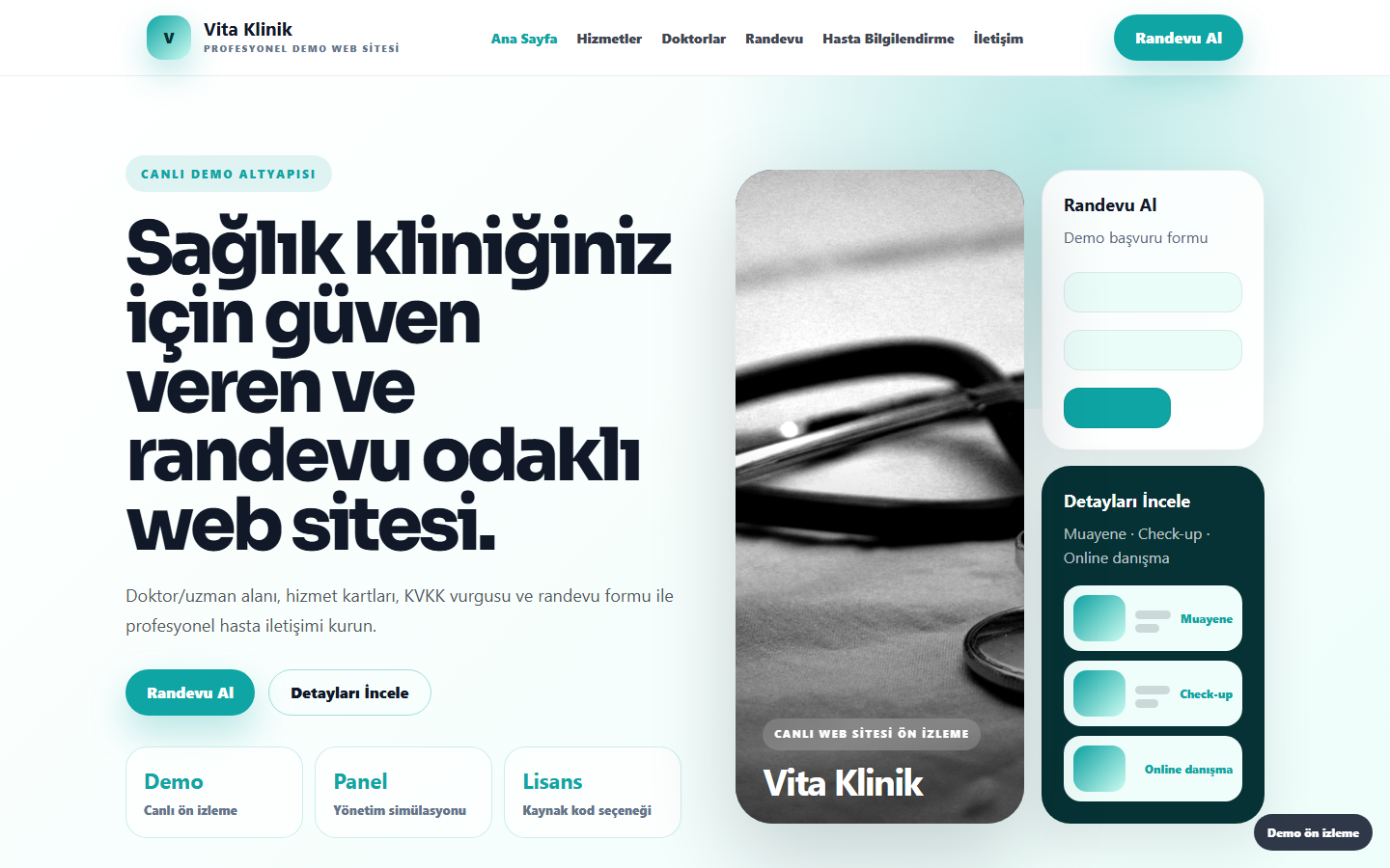 Sağlık Kliniği Web Sitesi demo site ekran görüntüsü