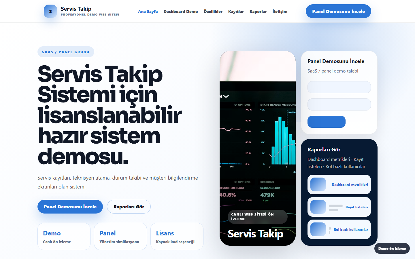 Servis Takip Sistemi demo site ekran görüntüsü