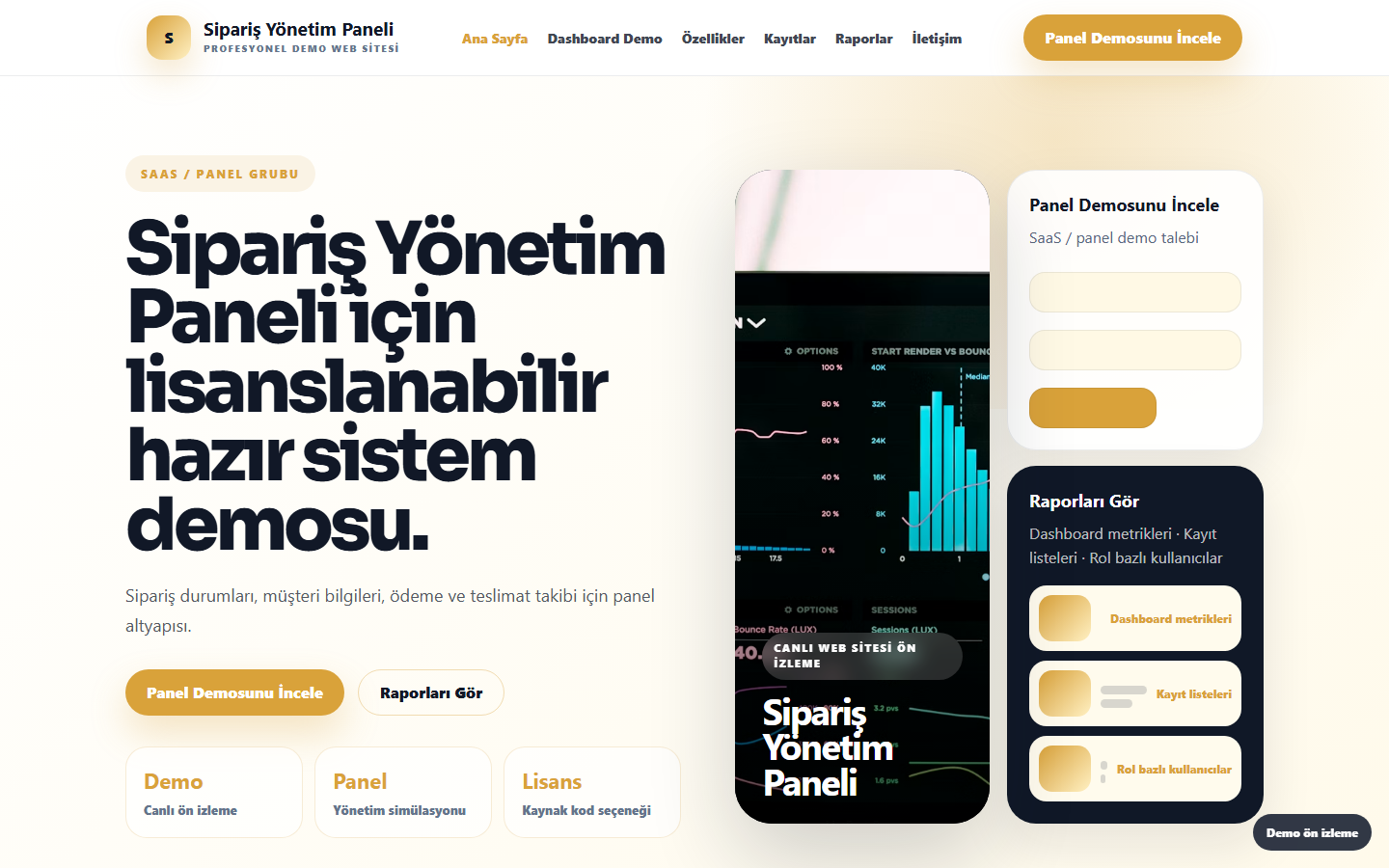 Sipariş Yönetim Paneli demo site ekran görüntüsü