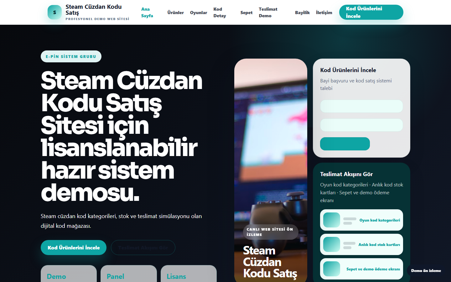 Steam Cüzdan Kodu Satış Sitesi demo site ekran görüntüsü