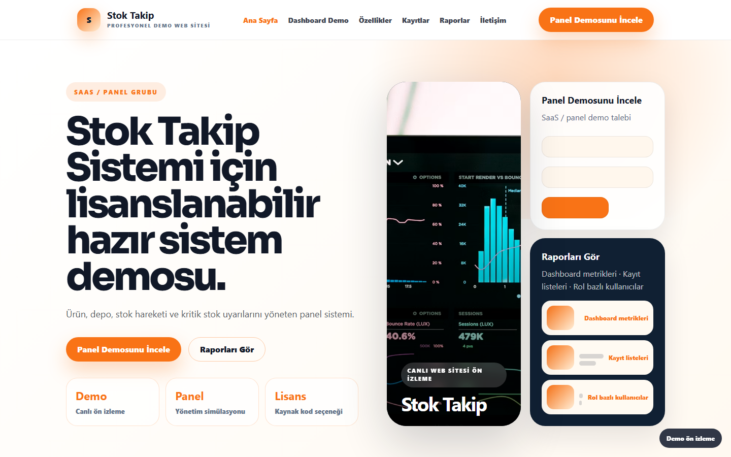 Stok Takip Sistemi demo site ekran görüntüsü