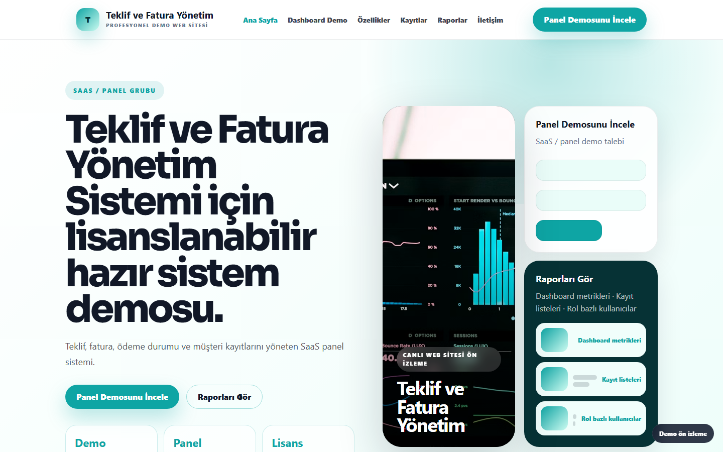Teklif ve Fatura Yönetim Sistemi demo site ekran görüntüsü