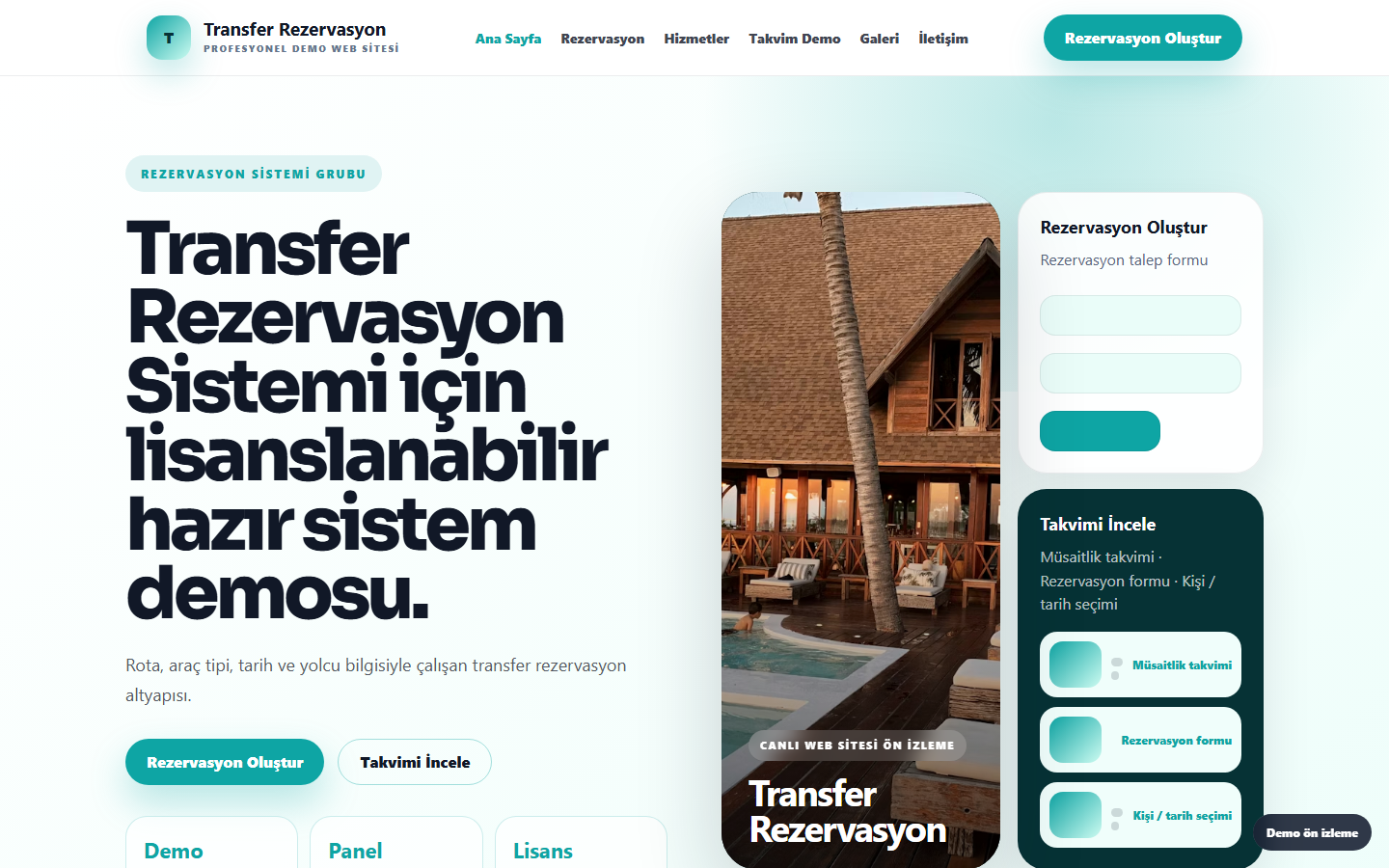 Transfer Rezervasyon Sistemi demo site ekran görüntüsü