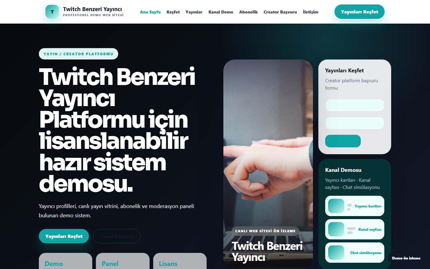 Twitch Benzeri Yayıncı Platformu demo site ekran görüntüsü