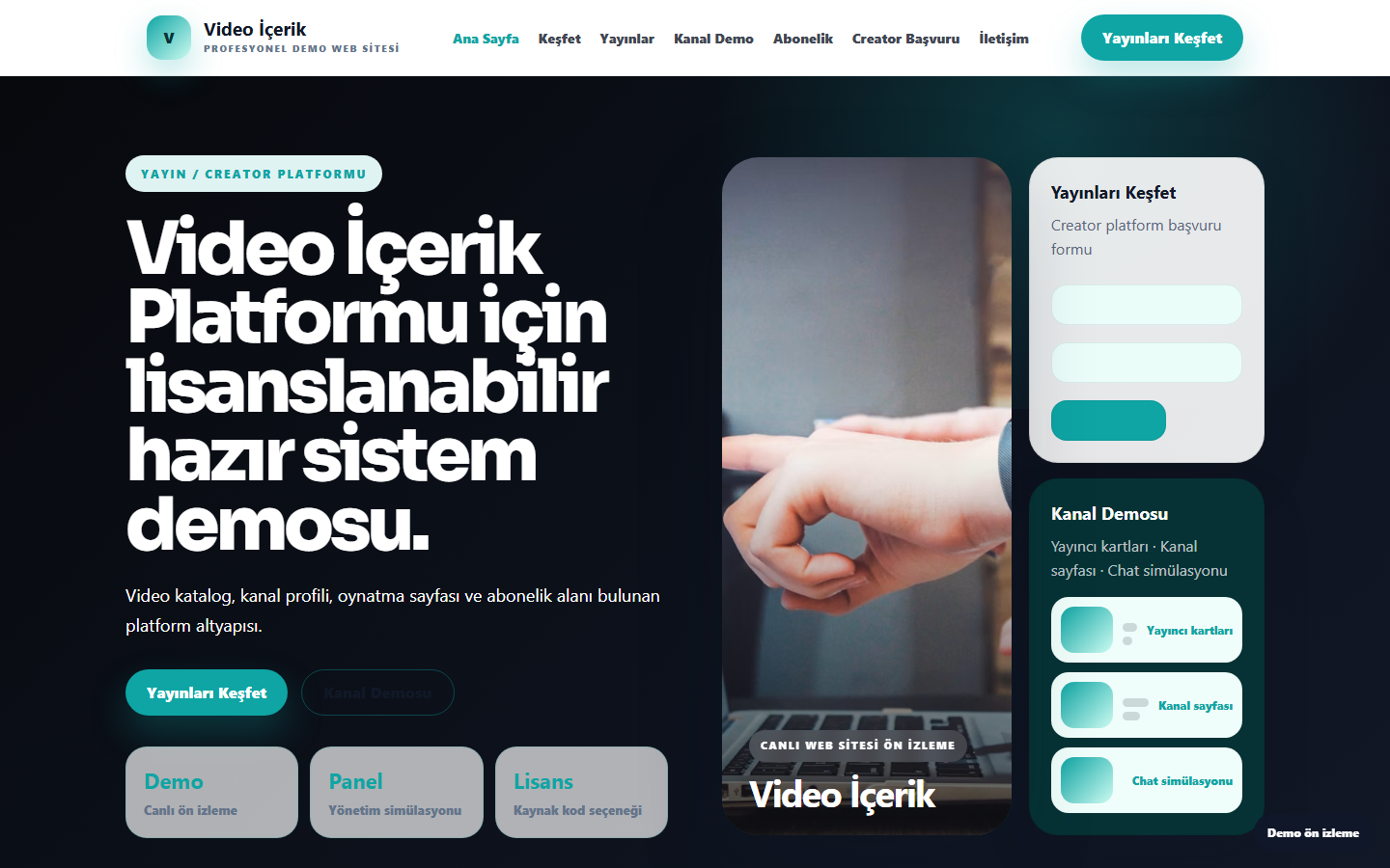 Video İçerik Platformu demo site ekran görüntüsü